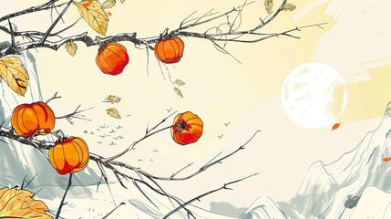 Wall Mural - Autumn_illustration_Chinese_style_persimmon_ancie