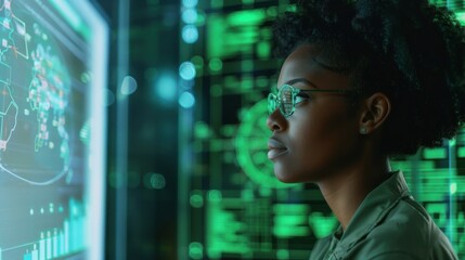 Poster - A woman wearing glasses is looking at a computer screen with a green background