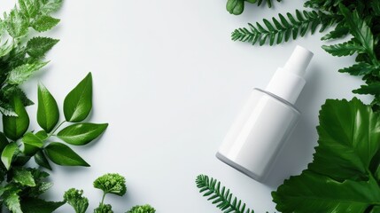 A white spray bottle surrounded by fresh green leaves on a clean surface.