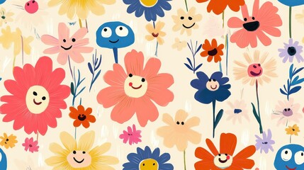 Poster - Colorful floral pattern with smiling faces and whimsical elements on a light background, perfect for cheerful decor in various settings
