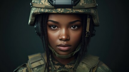 Young black woman wearing military uniform including camouflage fatigues and a helmet. She is ready for war to protect and serve her country. generative ai