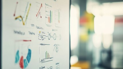 Poster - Business team analyzing data trends on a whiteboard during a meeting in a brightly lit office space