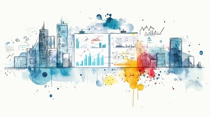 Poster - Urban skyline with vibrant watercolor analytics and business charts illustrating urban growth and economic trends in a modern city setting
