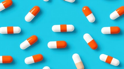 Poster - A vibrant mix of white and orange pills stands out against a calming blue backdrop, showcased in a contemporary design.