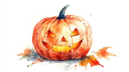 Poster - A carved Halloween pumpkin with a glowing face surrounded by autumn leaves on a bright background during the fall season