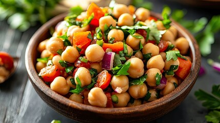 Wall Mural - Bowl of chickpea and kidney bean salad, topped with raw veggies and garnished with parsley and cumin, creating a flavorful, healthy plant-based meal.