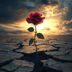 A rose growing in the middle of cracked earth, with an endless sky and sunset in the background