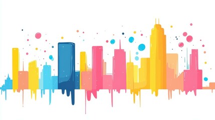 Poster - A vibrant urban scene featuring modern skyscrapers, bold colors, and dynamic textures in a flat illustration style.