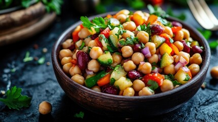 Bowl of chickpea and kidney bean salad with fresh veggies, a sprinkle of herbs, and a dash of mild spices, perfect for a light and nutritious meal.