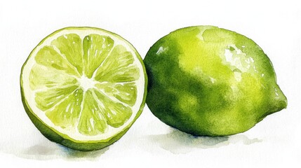 Poster - Freshly cut lime halves displayed beside a whole lime on a textured surface, highlighting the vibrant green color of the citrus fruit