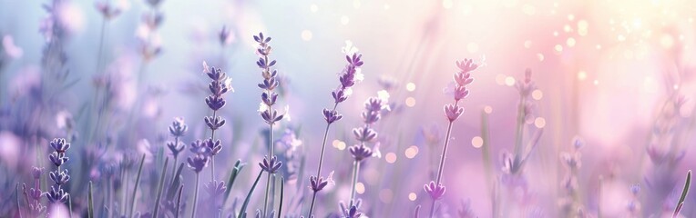 Poster - A field of lavender flowers with a pink and purple background