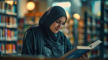 Poster - A woman wearing a black scarf is reading a book in a library