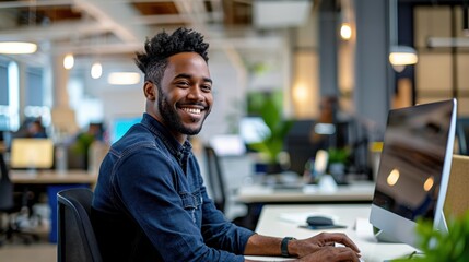 Fototapete - A smiling black man is sitting at a desk in front of a computer monitor