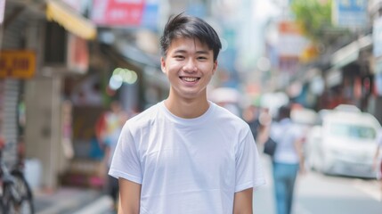 Poster - A young man is smiling and wearing a white shirt