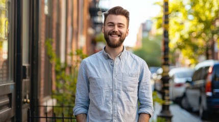 Fototapete - A man with a beard is smiling and standing in front of a building
