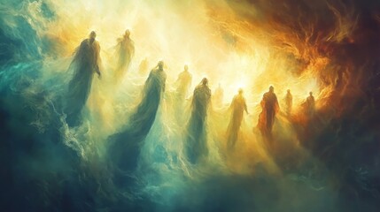 Poster - Ethereal figures emerge from a luminous cloud in a dreamlike landscape, capturing a moment of transcendence and mystery