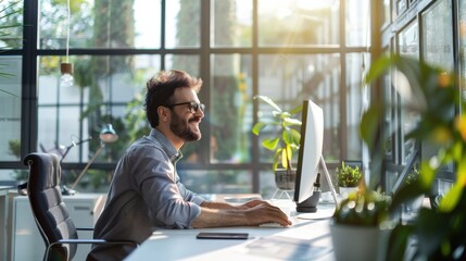Fototapete - A man is sitting at a desk with a computer monitor in front of him