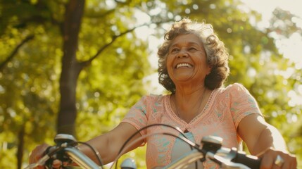 Poster - A smiling woman is riding a bicycle in a park