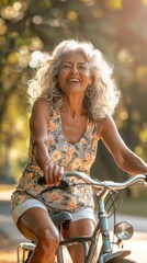 Aufkleber - A woman with long hair is riding a bicycle and smiling