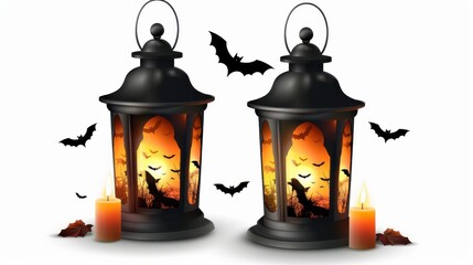 Poster - Two lanterns with bats on them and candles in front of them