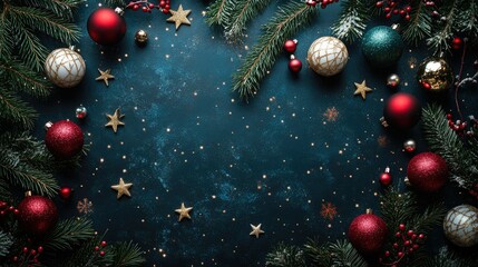 Christmas baubles, pine branches, and stars scattered on a dark background, creating a festive holiday backdrop, top view