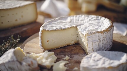 Poster - Delicious cheese wheel cut open on a wooden board with fresh herbs surrounding it, perfect for a gourmet platter