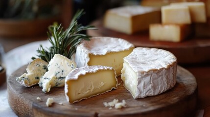 Poster - Artisanal cheese platter featuring a variety of cheeses with fresh herbs in a rustic setting