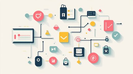 Fototapete - Colorful digital icons representing technology, security, and data management interconnected in a modern design layout