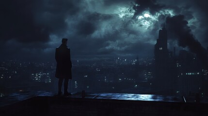 A solitary figure overlooking a sprawling cityscape under a dramatic night sky with clouds and distant lights