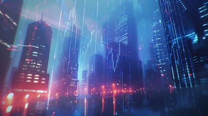 Poster - A futuristic cityscape at night illuminated by colorful lights and digital effects showcasing a blend of urban life and technology