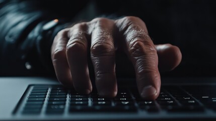 Aufkleber - Close-up of a hand typing on a laptop keyboard in a dimly lit room during late night work or study session