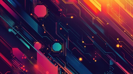 Poster - abstract digital art featuring vibrant geometric shapes and lines in a futuristic design on a dark b