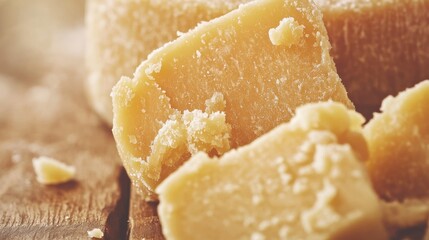 Aufkleber - Close-up of aged cheese on a wooden board showcasing textured surfaces and crumbly pieces under warm natural light