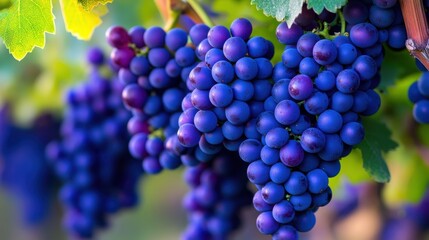 Poster - Freshly ripened grapes hanging in lush vineyard during late summer, ready for harvest in a sunny landscape