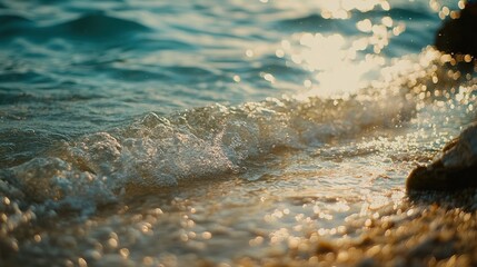 Poster - Gentle ocean waves lap at the sandy shore during sunset, creating a serene atmosphere on a tranquil beach