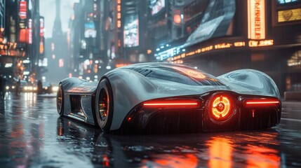 Wall Mural - Futuristic Sports Car in Neon City Rain