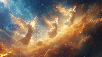 Poster - Angelic figures soaring through a vibrant celestial landscape with clouds and stars against a radiant sky