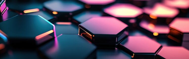 Poster - colorful hexagonal tiles reflect light in a modern abstract pattern at an art installation during ev