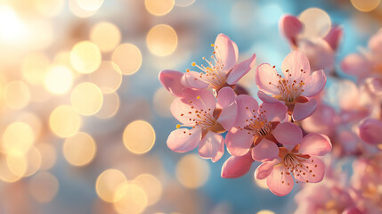 Pink Cherry Tree Blossoms in Spring Against a Sunny Blurred Garden