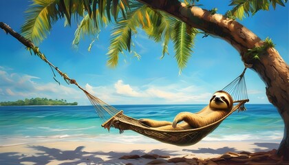 Sloth Relaxing in Hammock Overlooking Tropical Beach Seascape