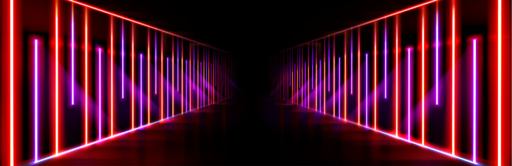 Poster - neon light tunnel on black background. vector realistic illustration of red an blue led corridor per