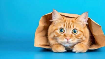 Wall Mural - A cat peeking out of a brown paper bag on blue background, AI