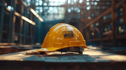 Yellow safety helmet on a workshop table, blurred steel frame of a house rising in the background, soft shadows, industrial site details