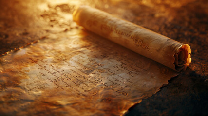 Wall Mural - A close-up of an ancient scroll, partially unrolled 