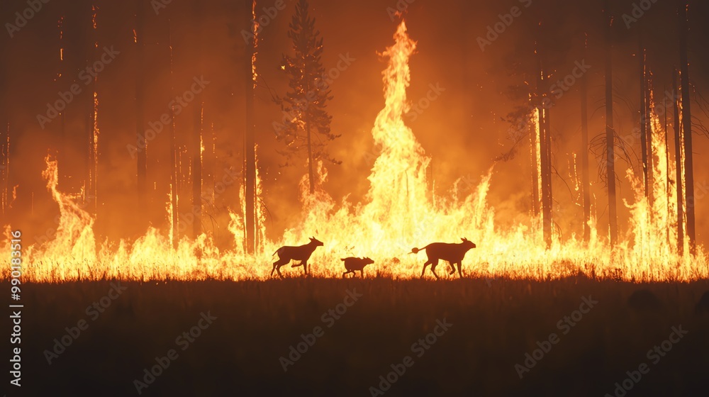 Forest fire with animals fleeing the scene, wildlife impact ...