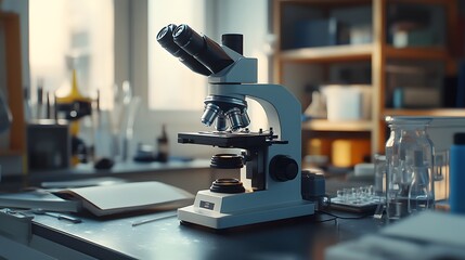 Poster - a white microscope on a lab table with supplies