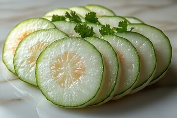 Wall Mural - Sliced Cucumber on a Marble Background