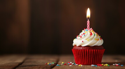 Sticker - A delightful birthday cupcake topped with a lit candle and colorful sprinkles, perfect for cozy evening celebrations.