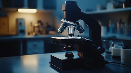 Poster - a black microscope with three lenses on a laboratory table