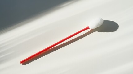 Minimalist composition of a cotton bud leaning diagonally on a white background, showcasing clean lines and soft details of the cotton tip